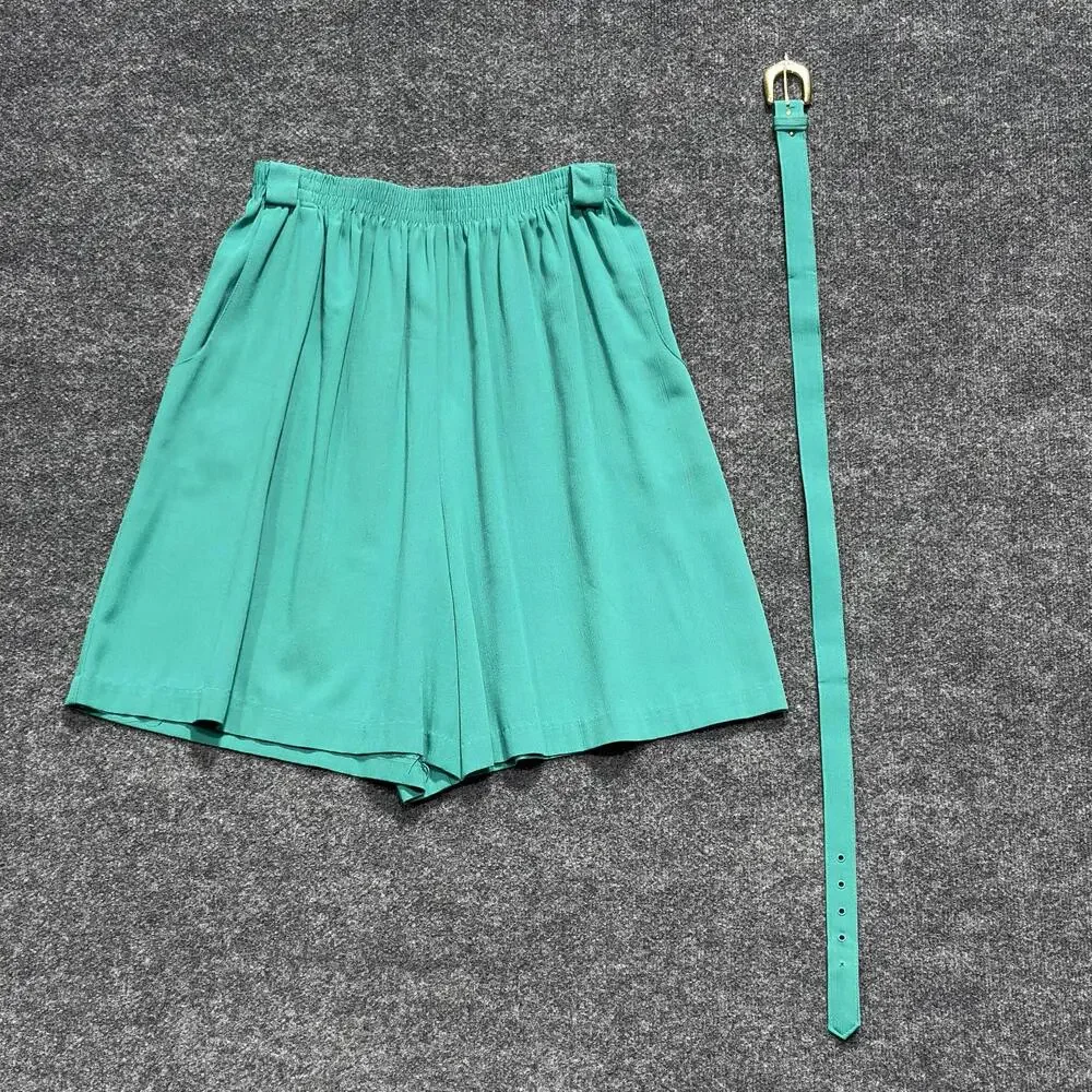 Vintage Briggs New York Shorts Womens 14 Green Culotte Pleated Belted Casual